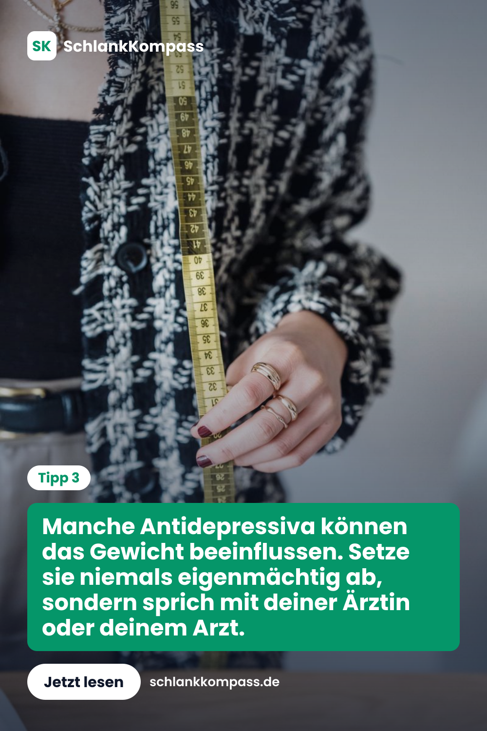 Manche Antidepressiva können das Gewicht beeinflussen. Setze sie niemals eigenmächtig ab, sondern sprich mit deiner Ärztin oder deinem Arzt.