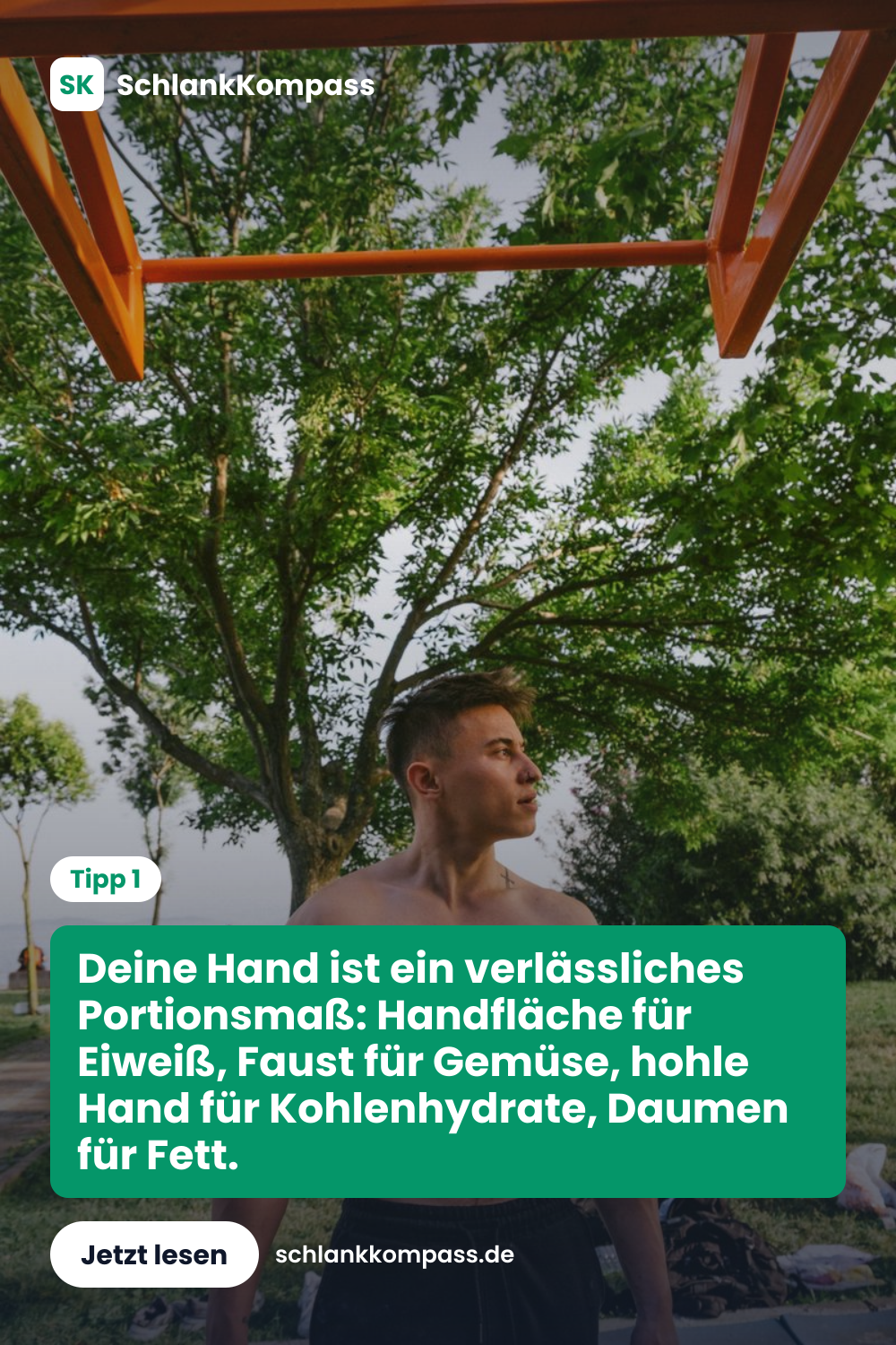 Deine Hand ist ein verlässliches Portionsmaß: Handfläche für Eiweiß, Faust für Gemüse, hohle Hand für Kohlenhydrate, Daumen für Fett.