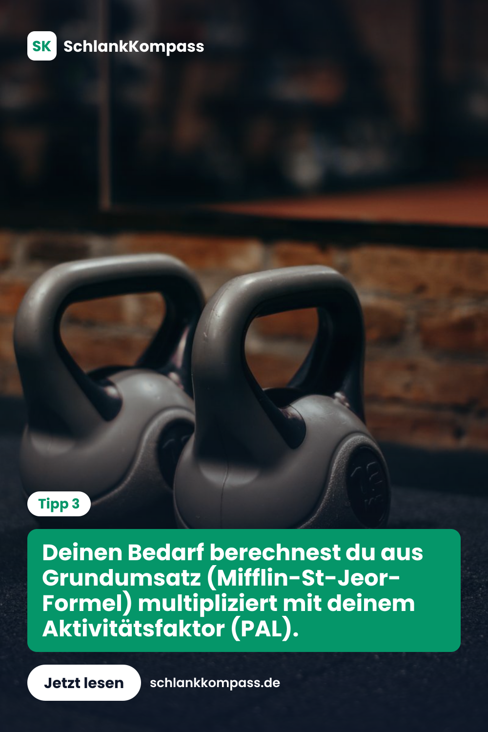 Deinen Bedarf berechnest du aus Grundumsatz (Mifflin-St-Jeor-Formel) multipliziert mit deinem Aktivitätsfaktor (PAL).