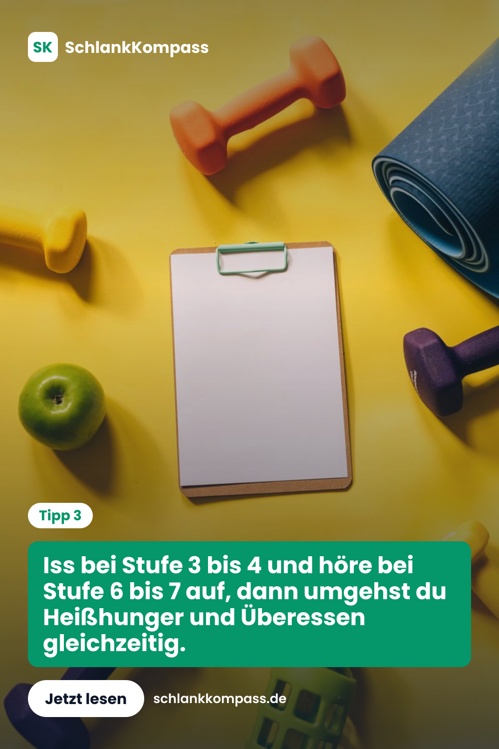 Iss bei Stufe 3 bis 4 und höre bei Stufe 6 bis 7 auf, dann umgehst du Heißhunger und Überessen gleichzeitig.