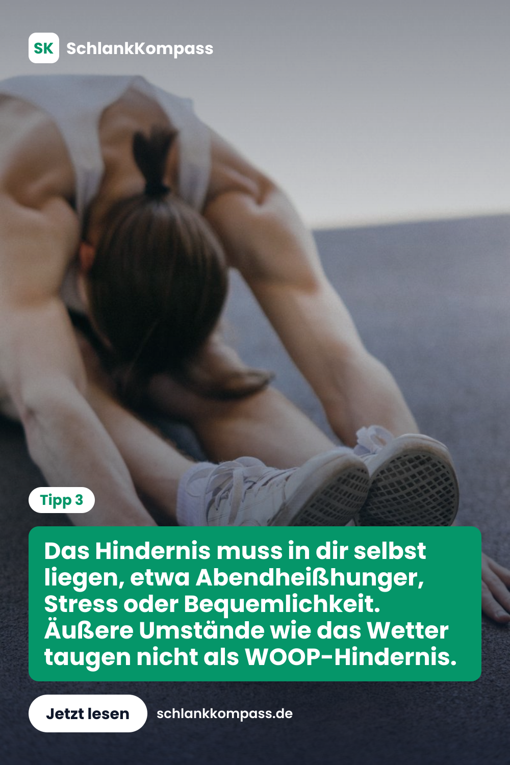 Das Hindernis muss in dir selbst liegen, etwa Abendheißhunger, Stress oder Bequemlichkeit. Äußere Umstände wie das Wetter taugen nicht als WOOP-Hindernis.