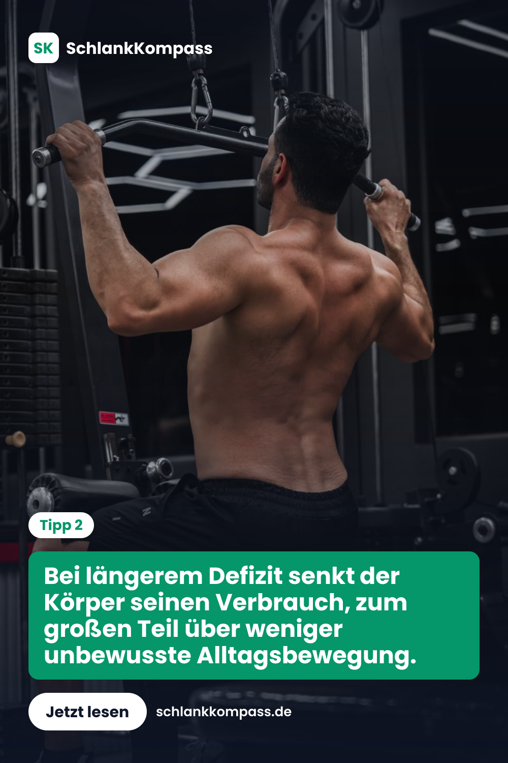 Bei längerem Defizit senkt der Körper seinen Verbrauch, zum großen Teil über weniger unbewusste Alltagsbewegung.