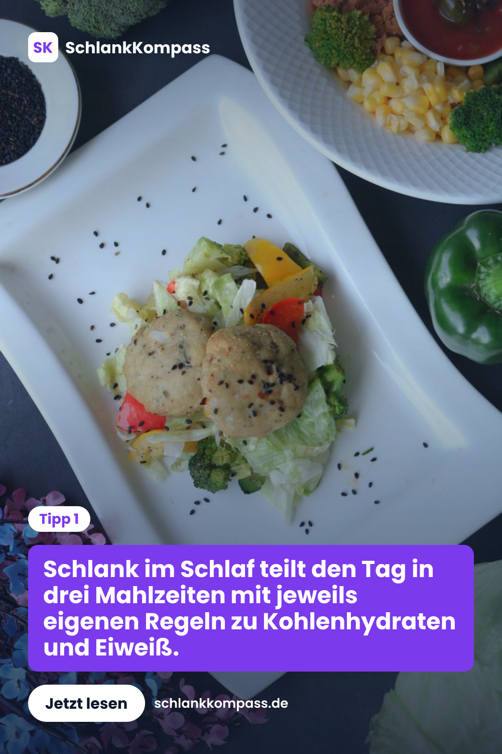 Schlank im Schlaf teilt den Tag in drei Mahlzeiten mit jeweils eigenen Regeln zu Kohlenhydraten und Eiweiß.