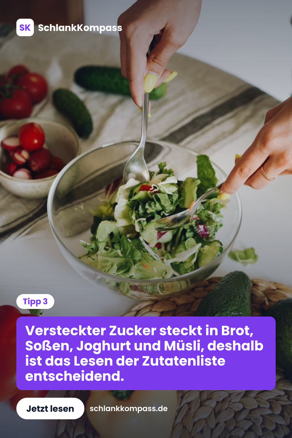 Versteckter Zucker steckt in Brot, Soßen, Joghurt und Müsli, deshalb ist das Lesen der Zutatenliste entscheidend.