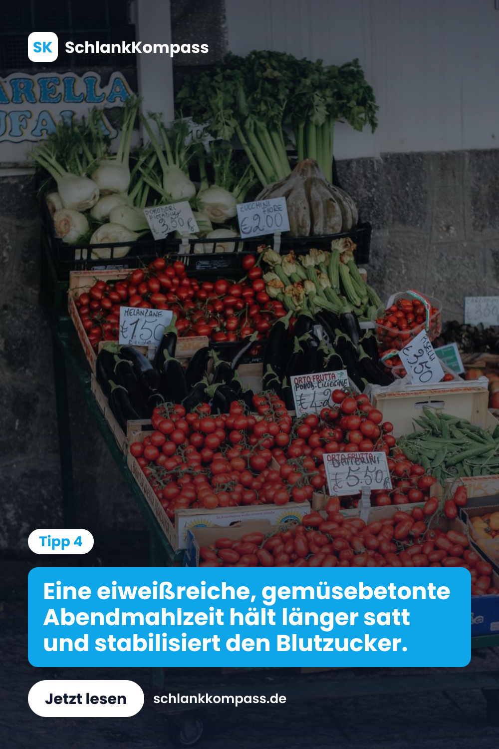 Eine eiweißreiche, gemüsebetonte Abendmahlzeit hält länger satt und stabilisiert den Blutzucker.