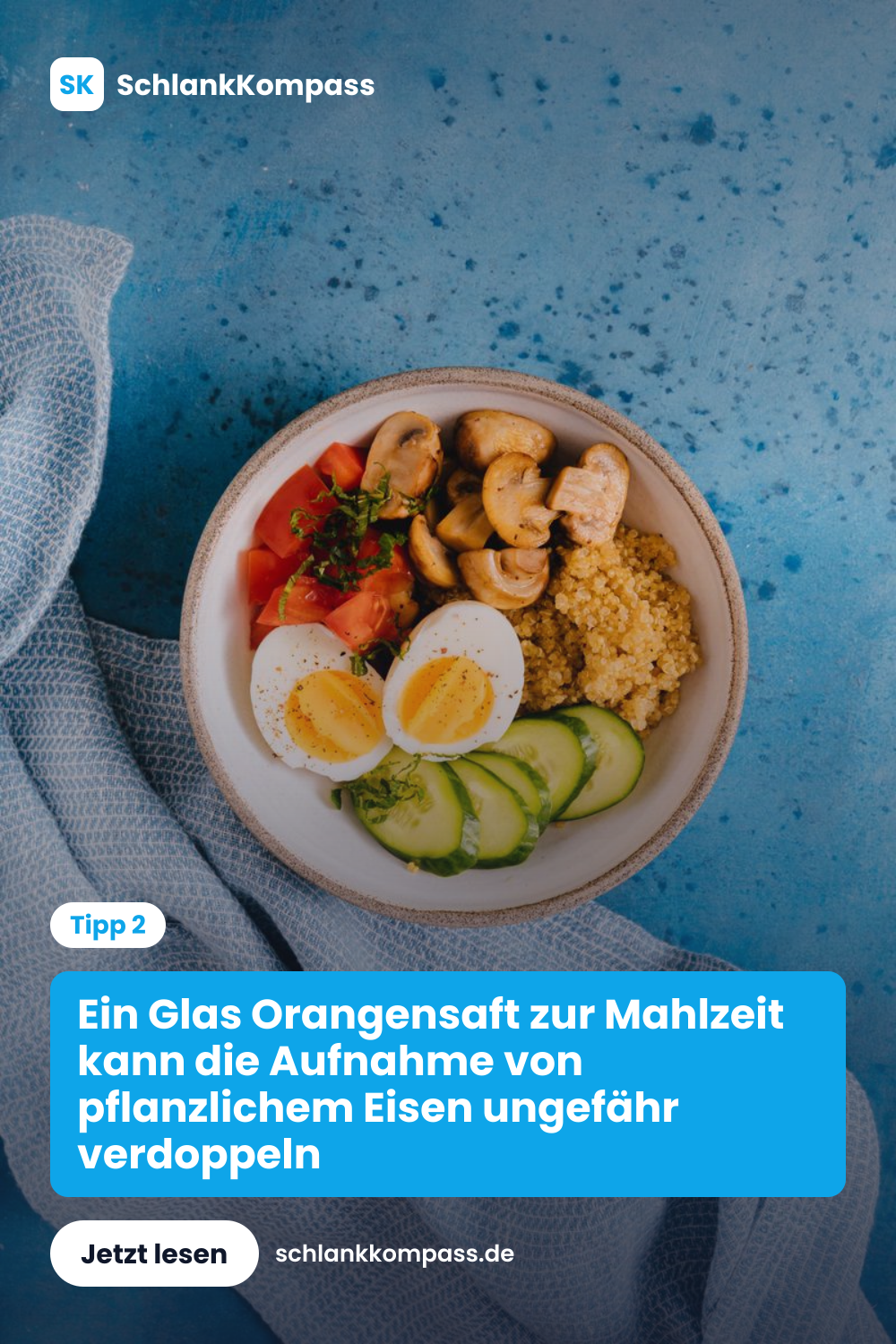 Ein Glas Orangensaft zur Mahlzeit kann die Aufnahme von pflanzlichem Eisen ungefähr verdoppeln