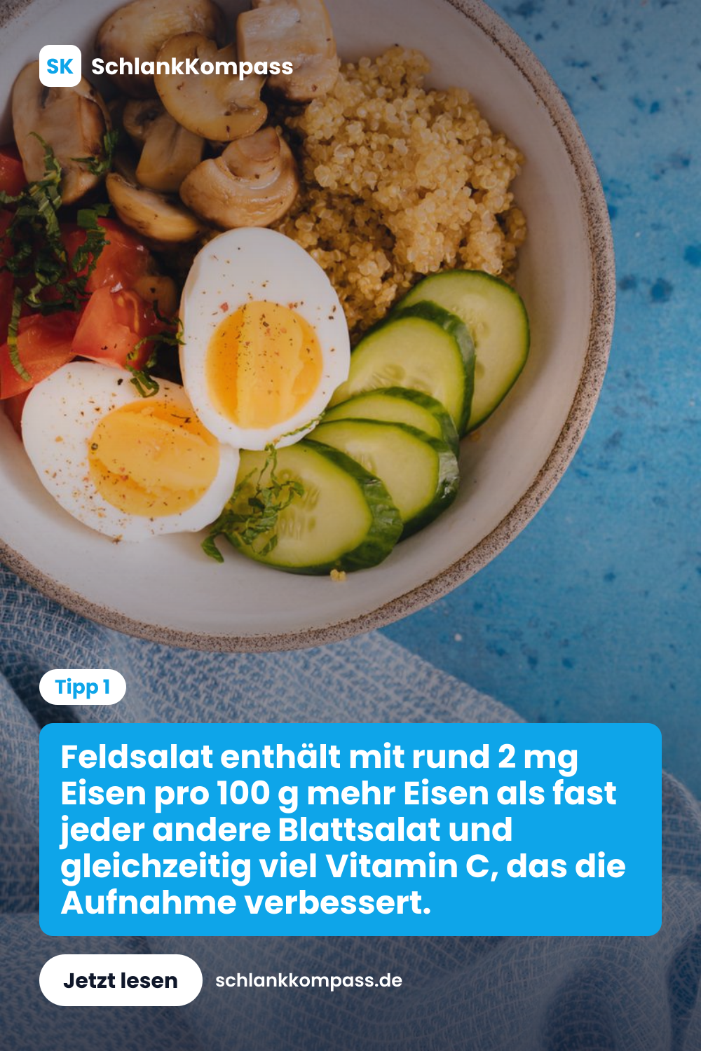 Feldsalat enthält mit rund 2 mg Eisen pro 100 g mehr Eisen als fast jeder andere Blattsalat und gleichzeitig viel Vitamin C, das die Aufnahme verbessert.