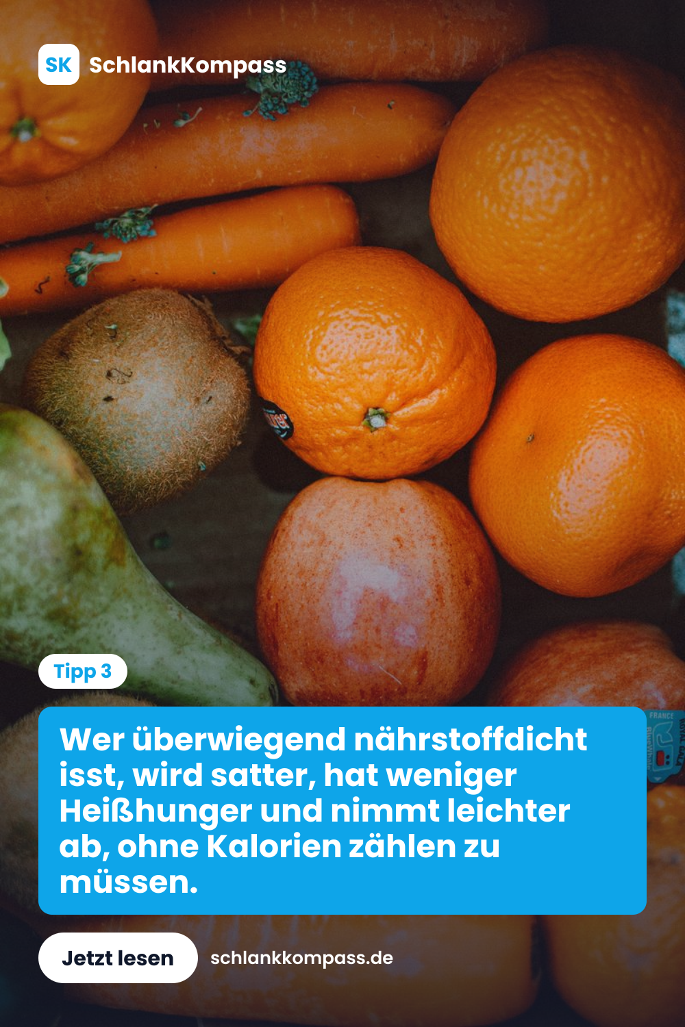 Wer überwiegend nährstoffdicht isst, wird satter, hat weniger Heißhunger und nimmt leichter ab, ohne Kalorien zählen zu müssen.