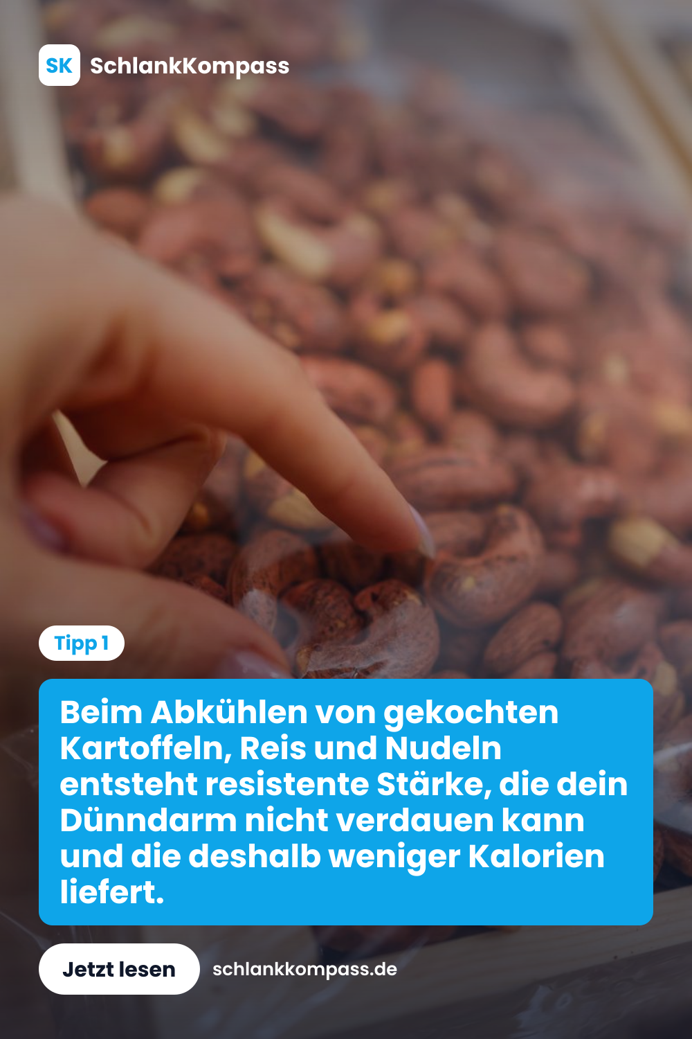 Beim Abkühlen von gekochten Kartoffeln, Reis und Nudeln entsteht resistente Stärke, die dein Dünndarm nicht verdauen kann und die deshalb weniger Kalorien liefert.