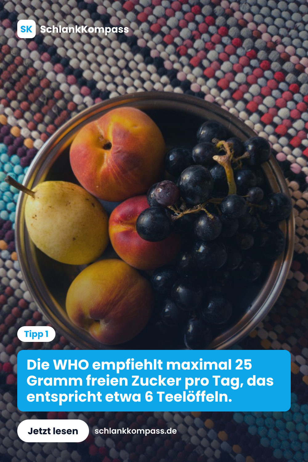 Die WHO empfiehlt maximal 25 Gramm freien Zucker pro Tag, das entspricht etwa 6 Teelöffeln.